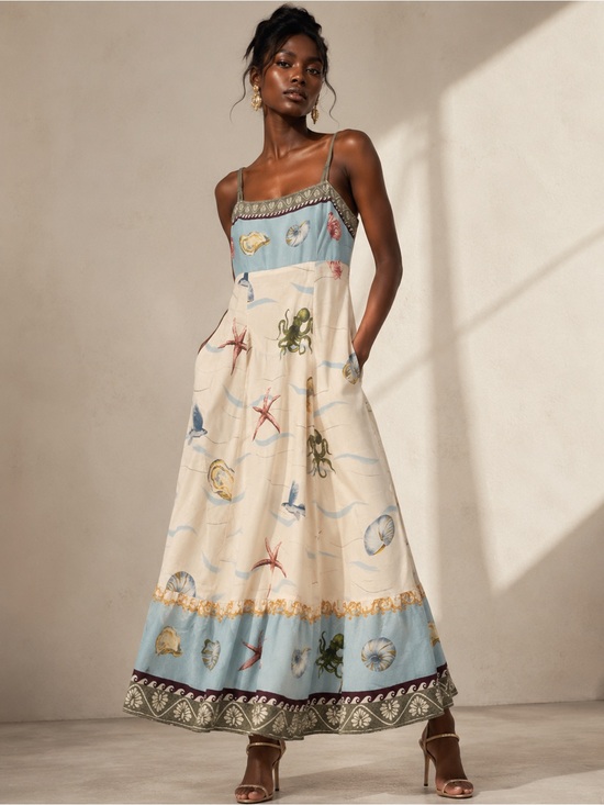 Caroline Constas Dresses & Skirts - Caroline Constas Seaside Shell Print Maxi Dress Coastal Ocean Motif Smocked S